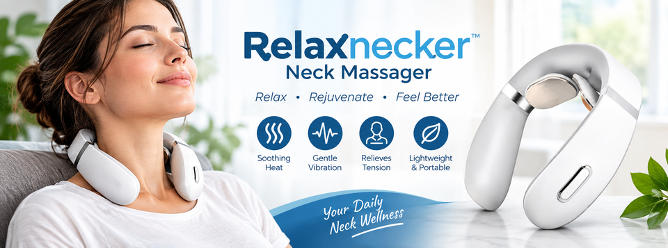 Woman relaxing with the Relaxnecker Neck Massager, alongside its warmth and portable design features